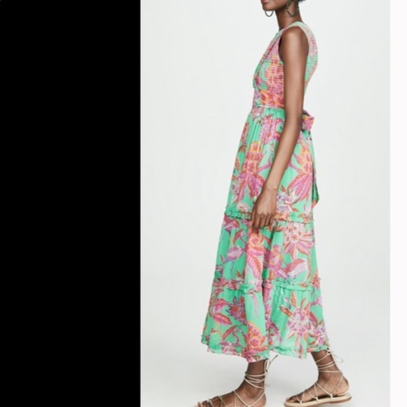 Banjanan Isha Flowy Midi Dress in Flamingo Rhododendron Green. Size XS - Picture 5 of 10